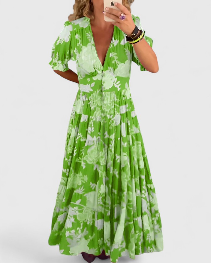 Minelda | Elegante Bloemen V-hals Jurk