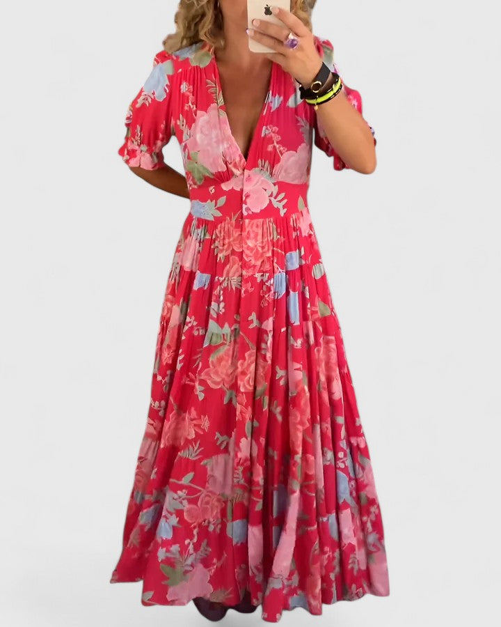 Minelda | Elegante Bloemen V-hals Jurk
