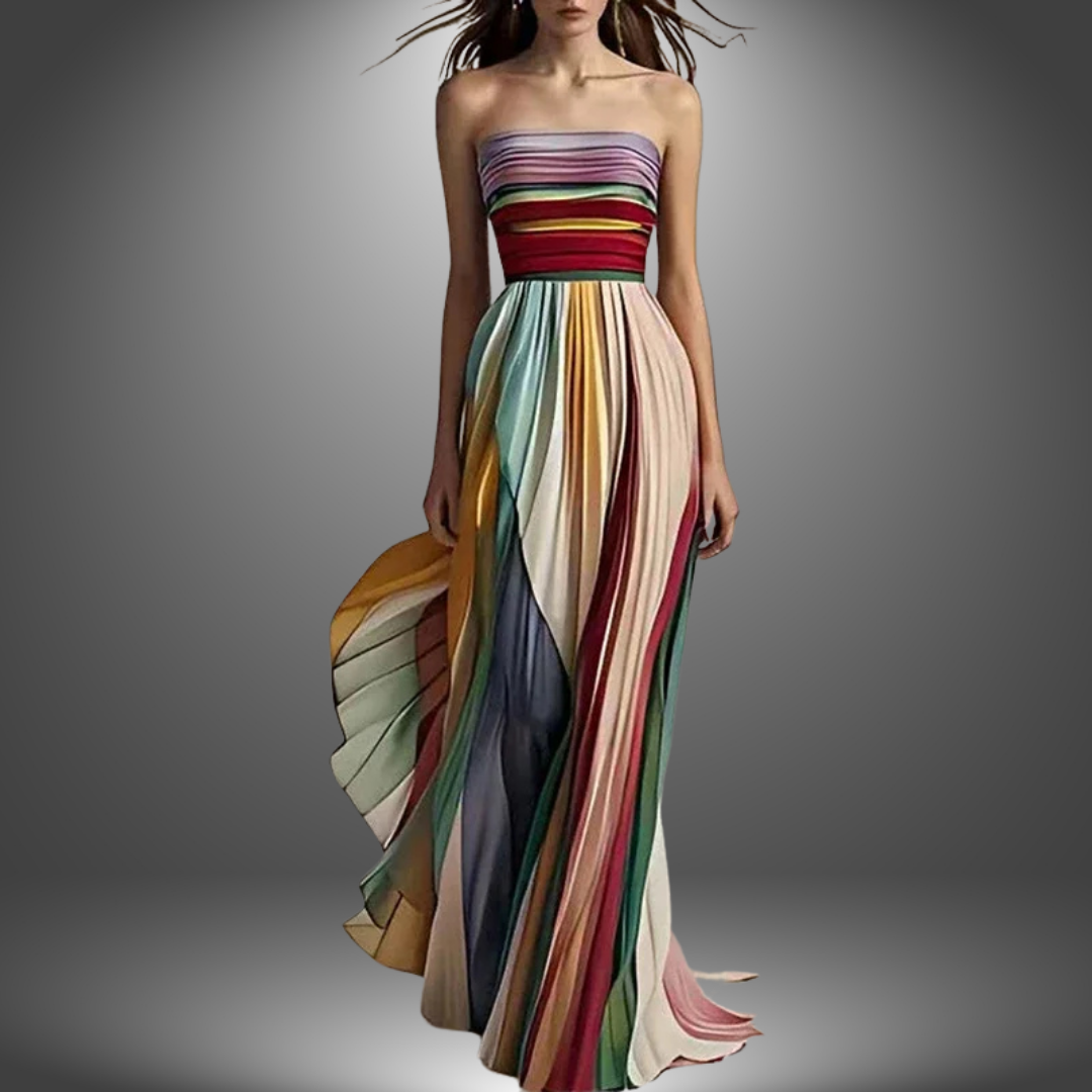 Abigail | Strapless Kleurrijke Plissé Maxi Jurk