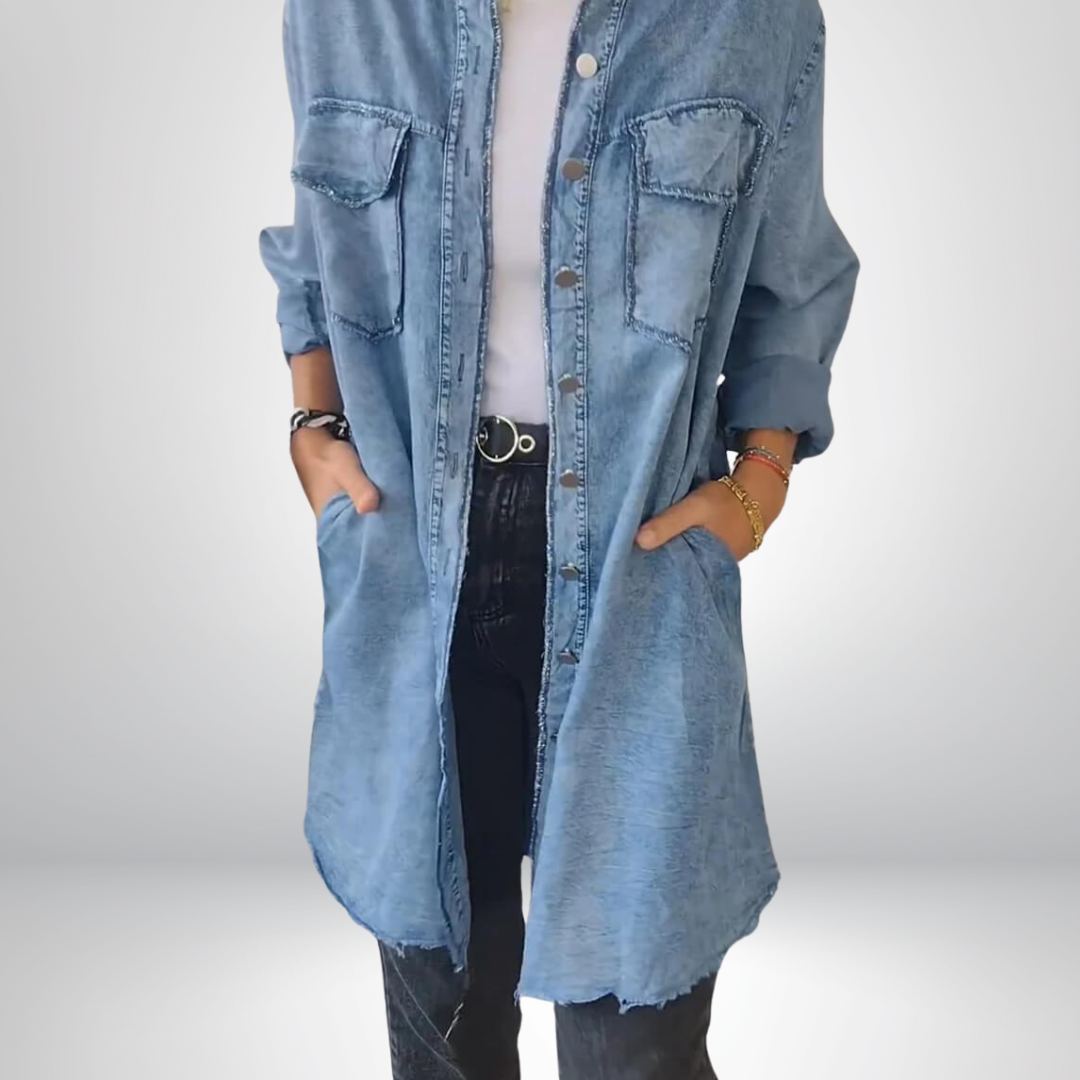 Sofia® | Stijlvolle en Veelzijdige Lange Denimjas met Kraag