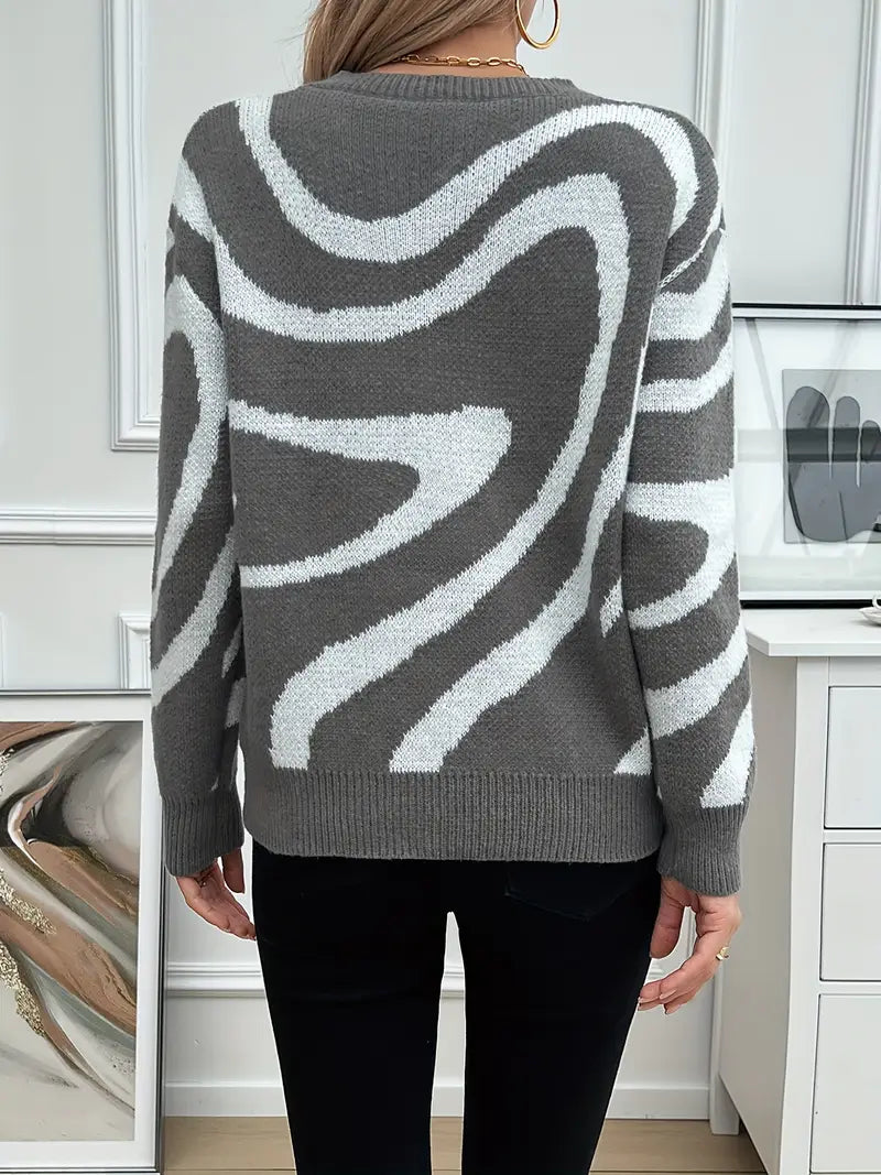 Elegante Gestreepte Kleurblok Crew Neck Trui
