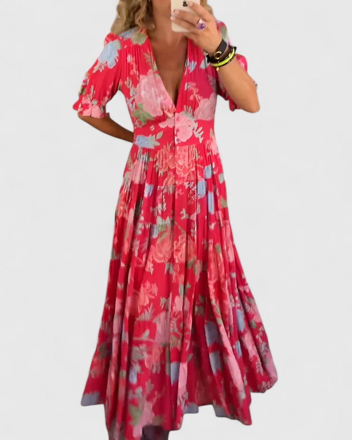 Minelda | Elegante Bloemen V-hals Jurk