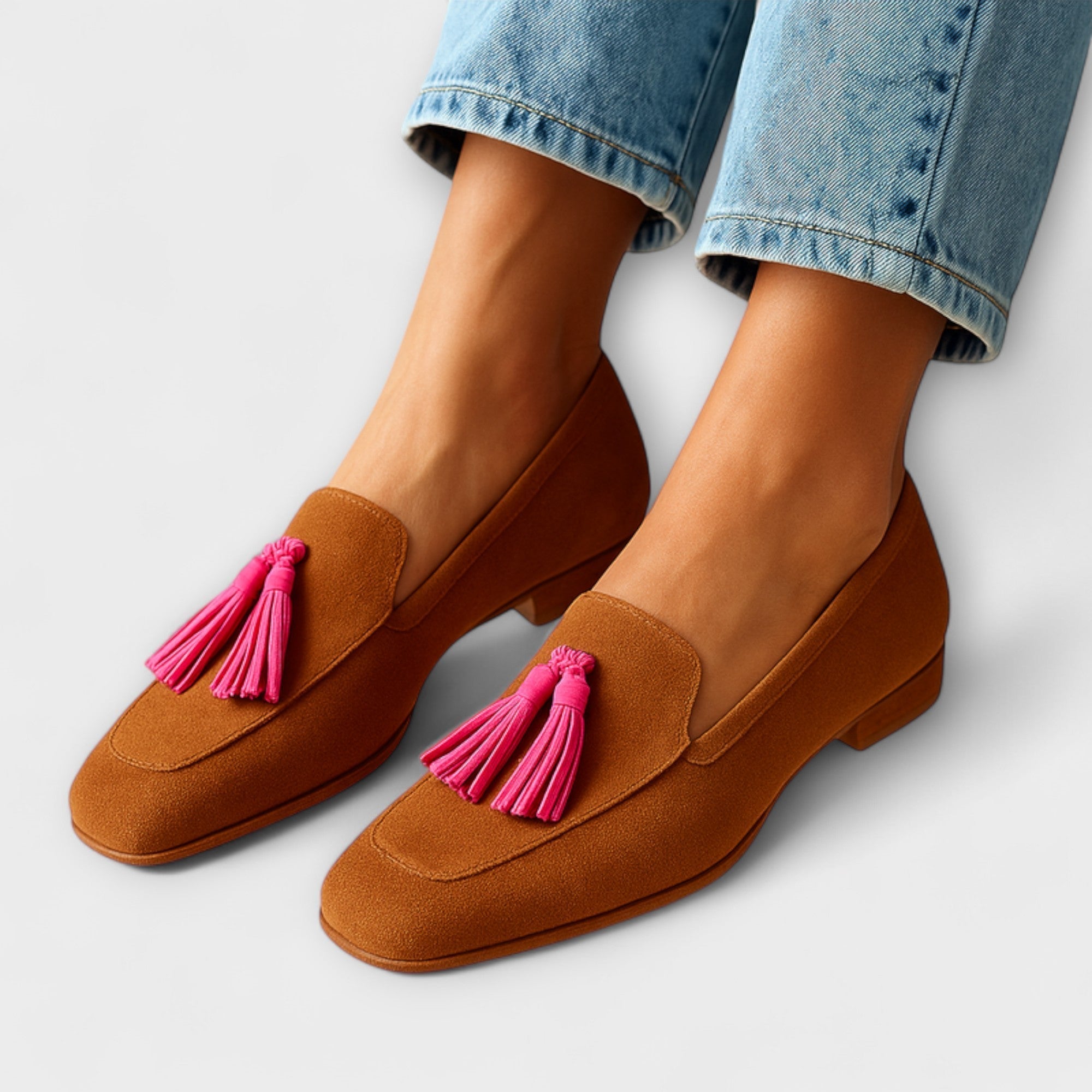 Rosa Suède Mocassins met Decoratieve Franje