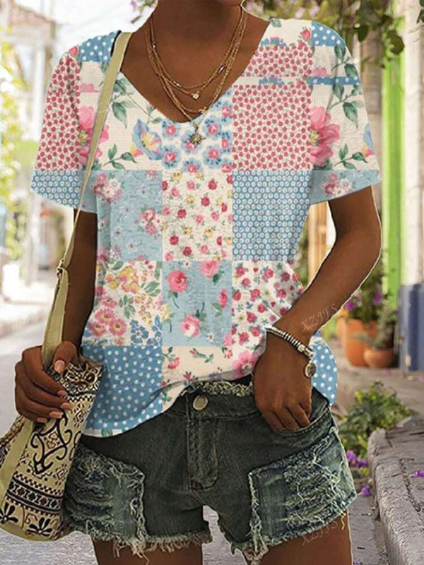 ZARA | FLORAL PATCHWORK V-NECK TEE