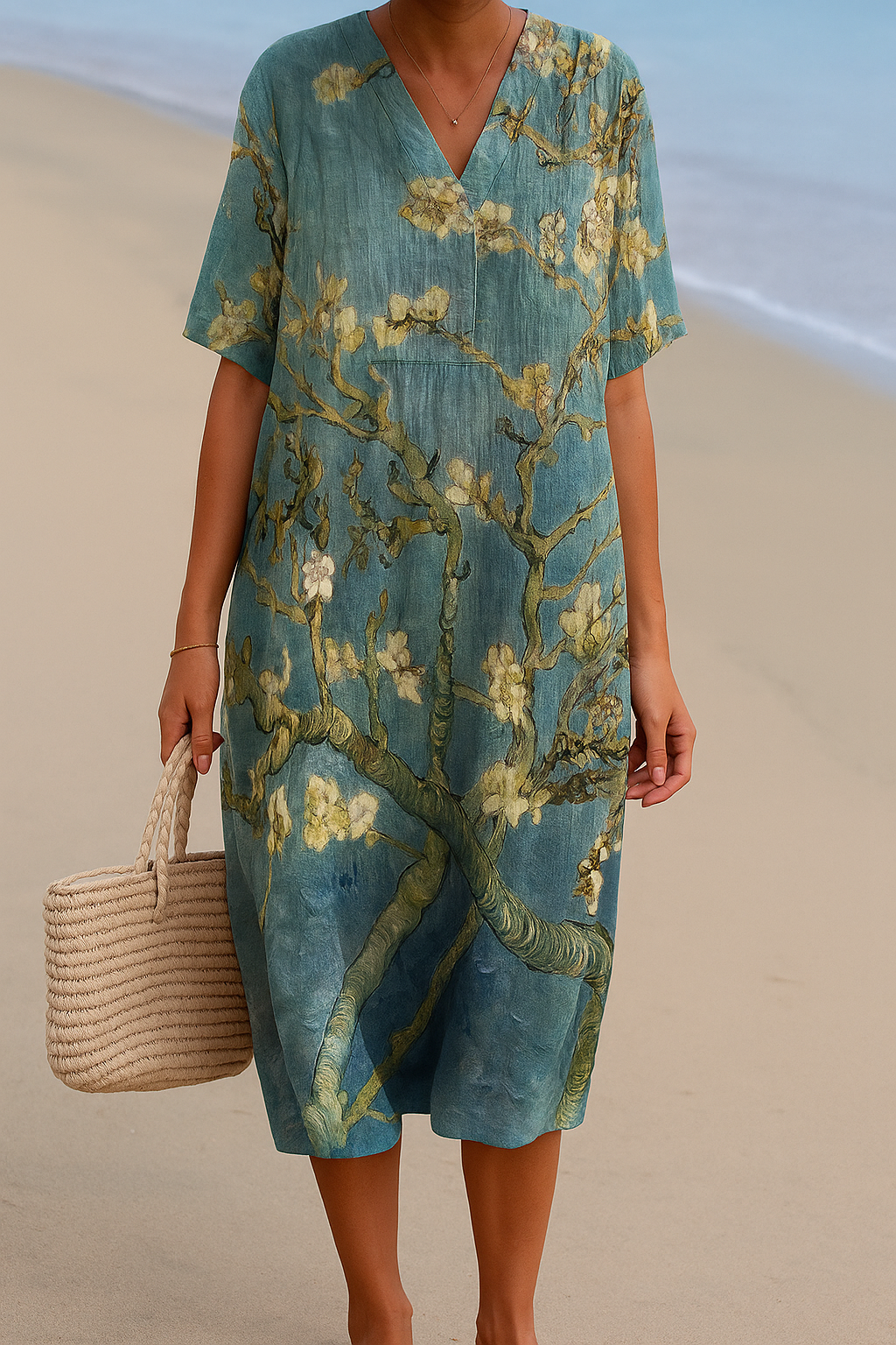 ALMONDE | Blauw-groene jurk met bloemenprint