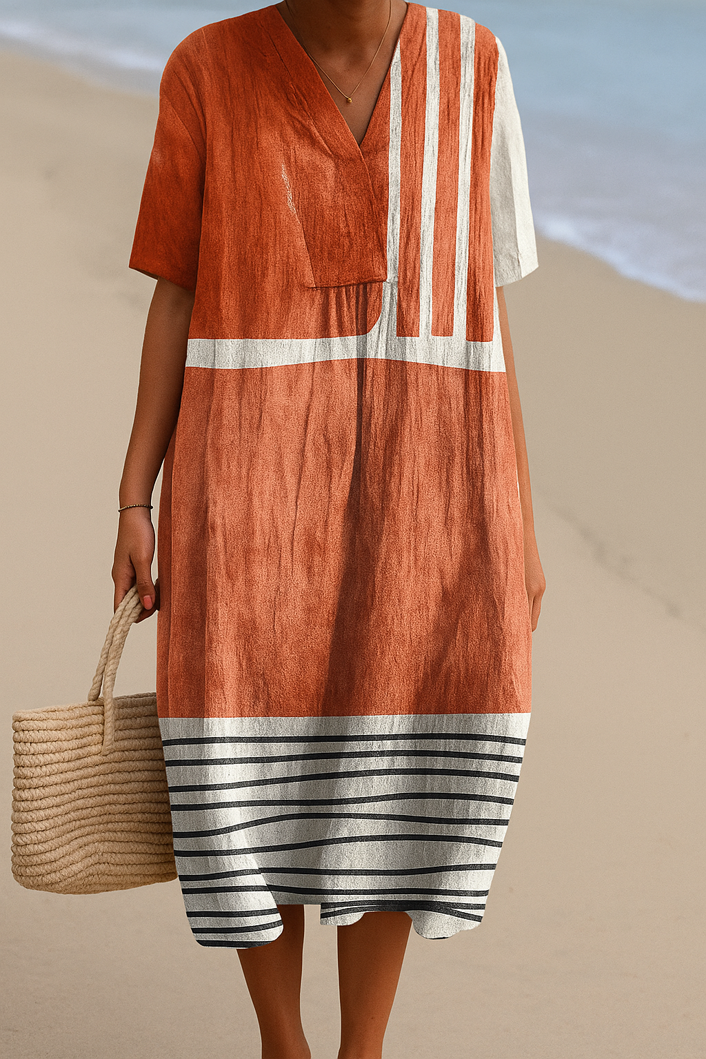 Mara | Terracotta jurk met grafische strepen