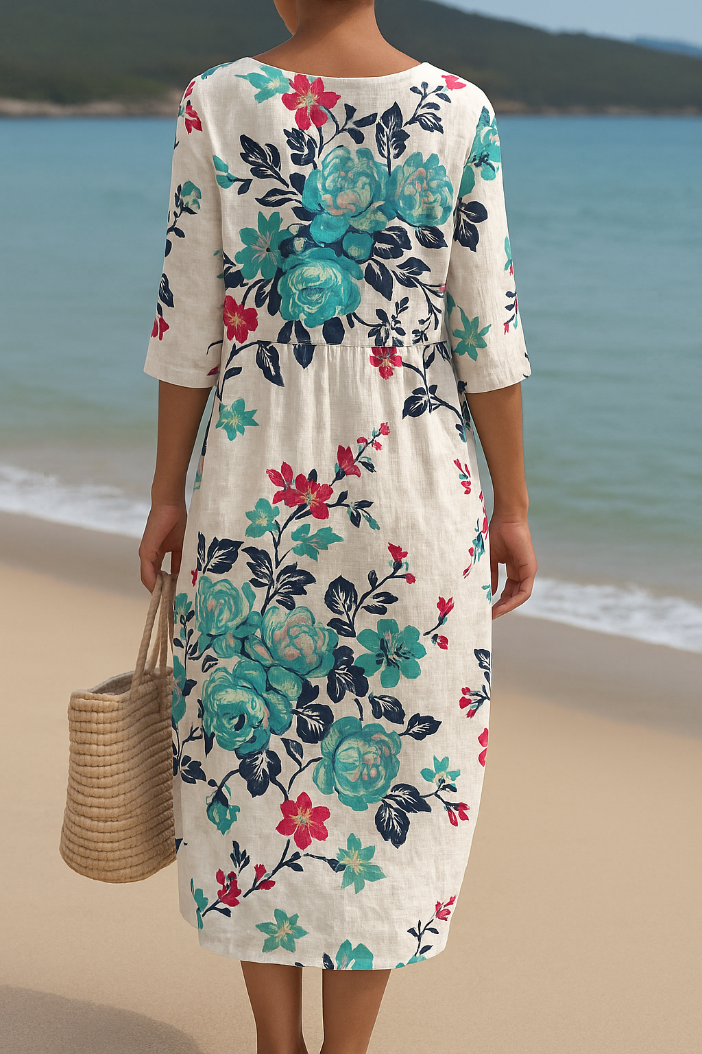 Élodie | Lange witte jurk met turquoise bloemen