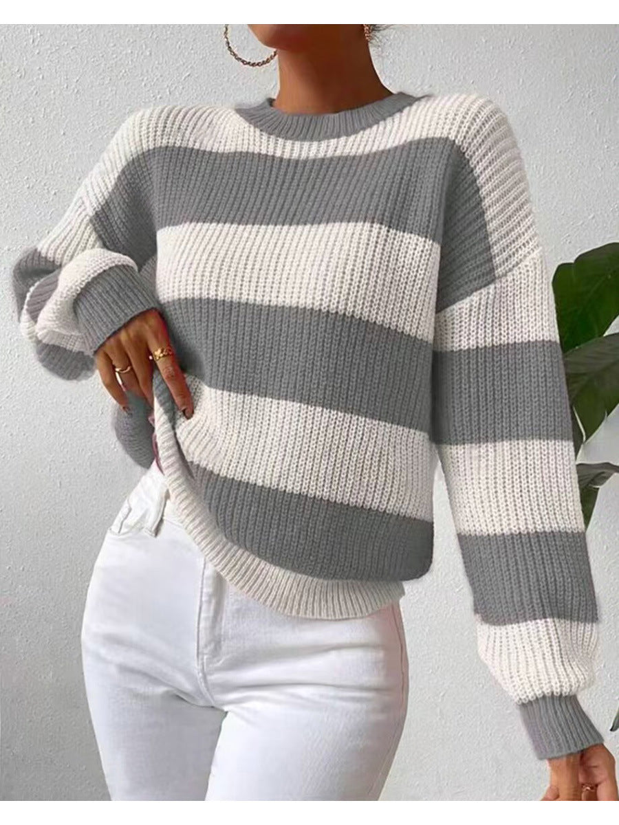 Dames Gestreepte Lange Mouwen Crew Neck Trui