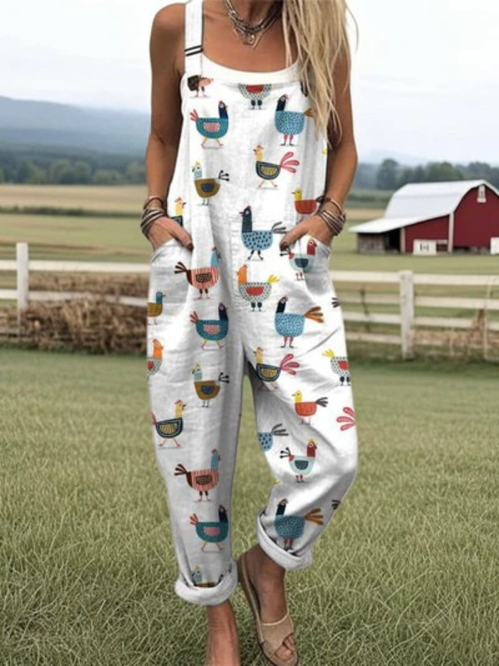 LW | Jumpsuit met ontspannen, brede beenpatroon voor vrouwen met leuk boerderijkippenpatroon