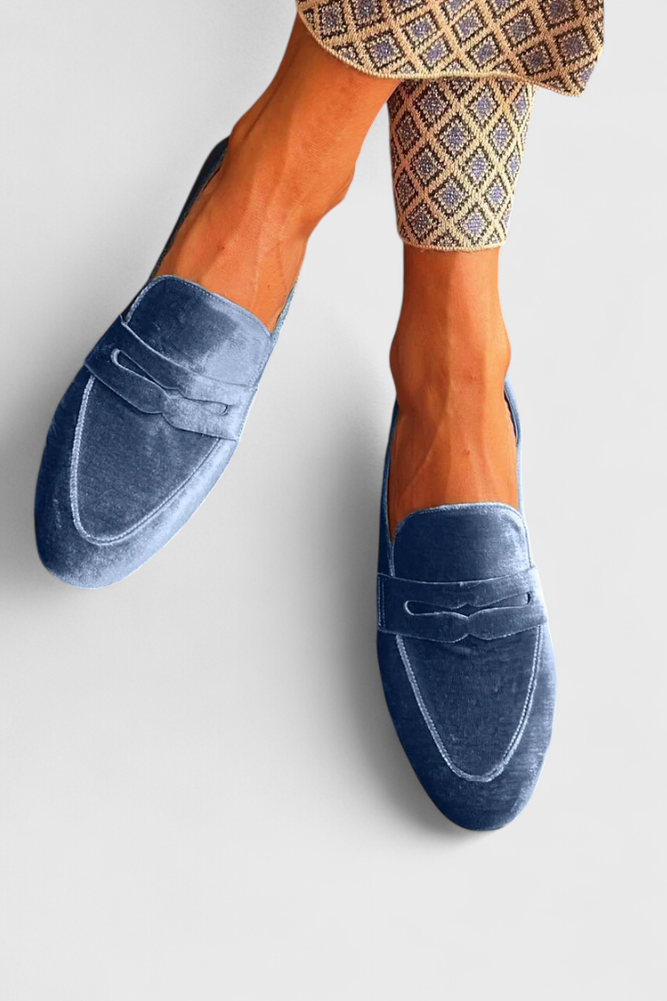 Llnica Mocassini in Blauw Velluto met Patchwork Details en Ronde Neus