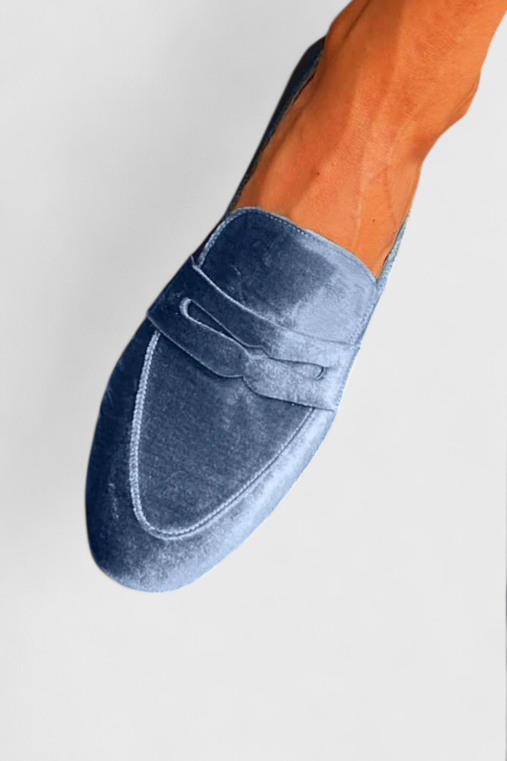 Llnica Mocassini in Blauw Velluto met Patchwork Details en Ronde Neus